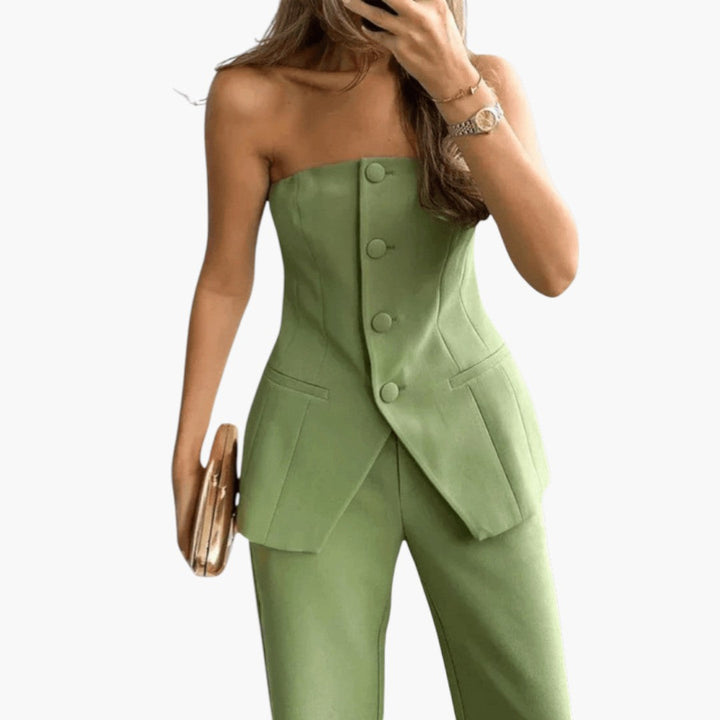 Pippa | Structured Button Front Strapless Off Shoulder Top