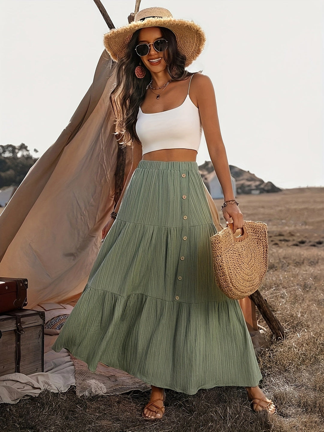 Faye | Tiered Button Front Crinkle Boho Maxi Skirt
