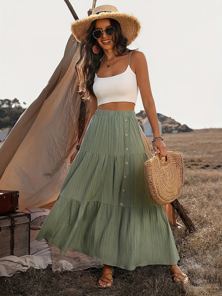 Faye | Tiered Button Front Crinkle Boho Maxi Skirt