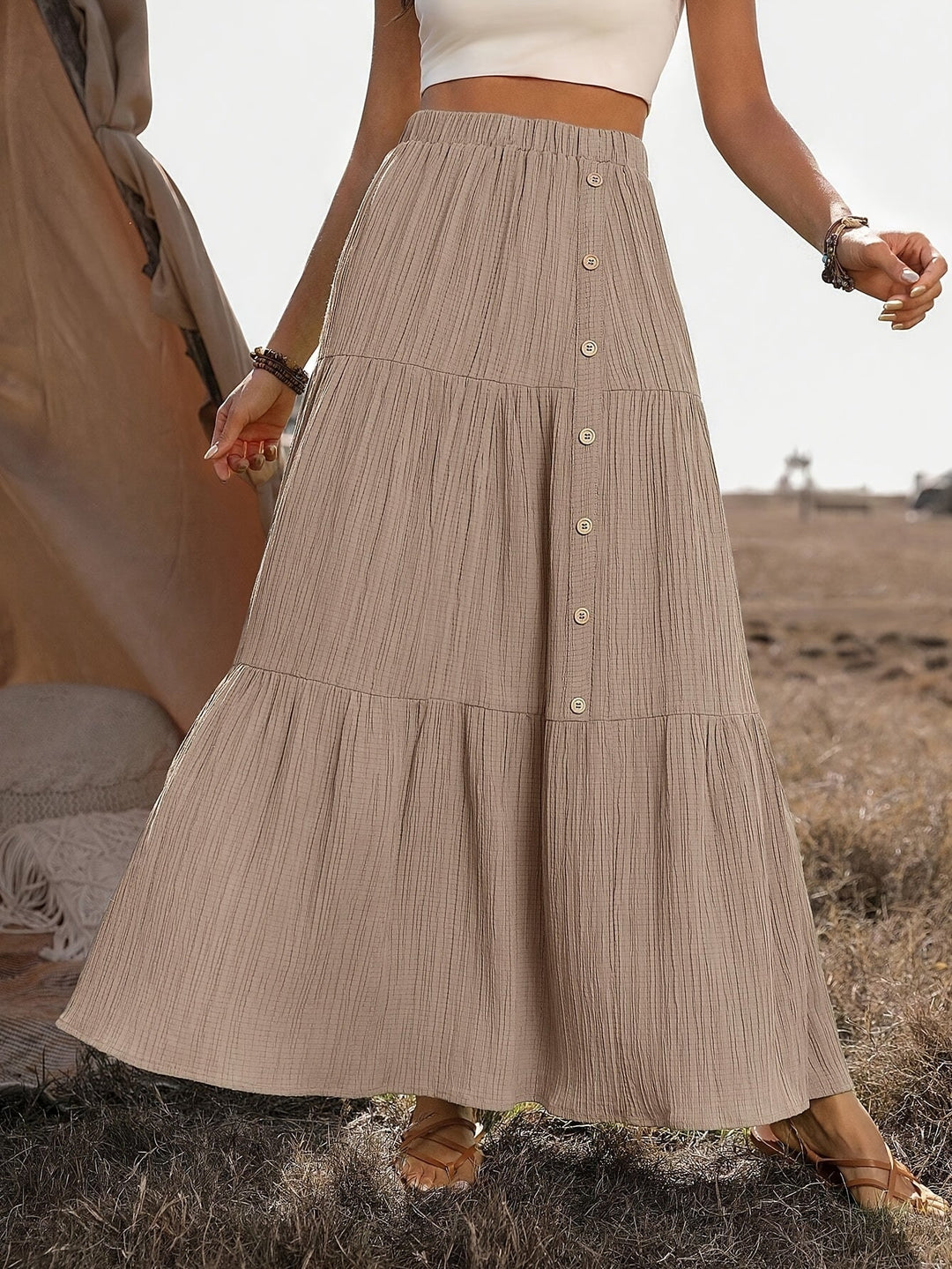 Faye | Tiered Button Front Crinkle Boho Maxi Skirt