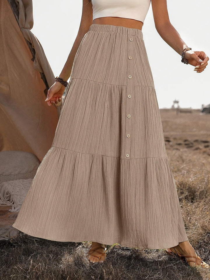 Faye | Tiered Button Front Crinkle Boho Maxi Skirt