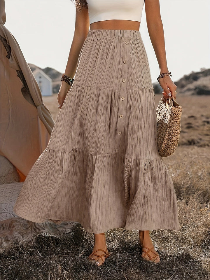 Faye | Tiered Button Front Crinkle Boho Maxi Skirt