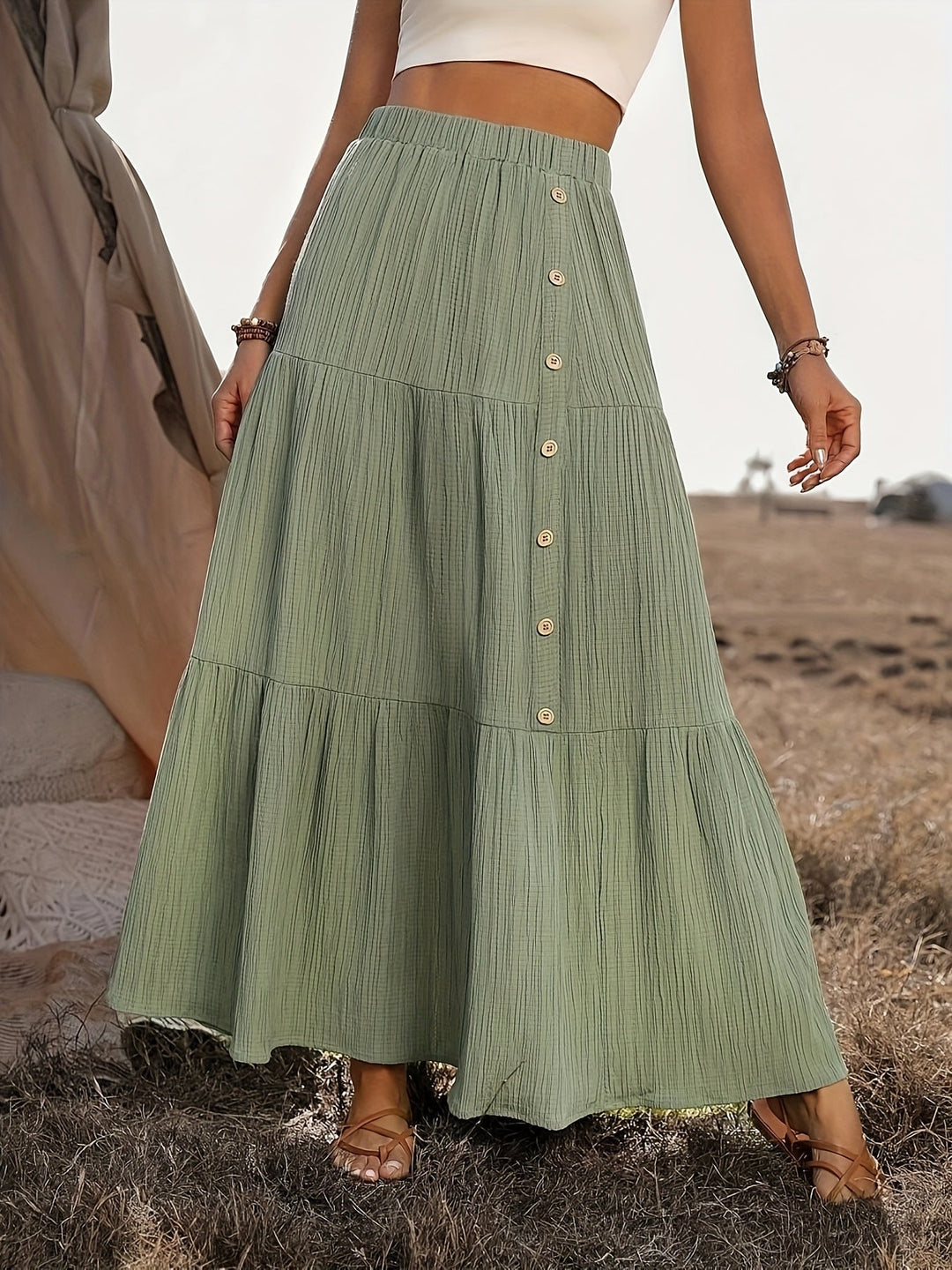 Faye | Tiered Button Front Crinkle Boho Maxi Skirt