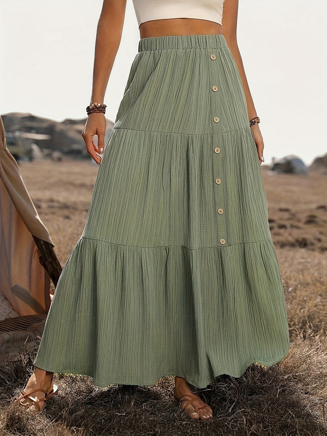 Faye | Tiered Button Front Crinkle Boho Maxi Skirt
