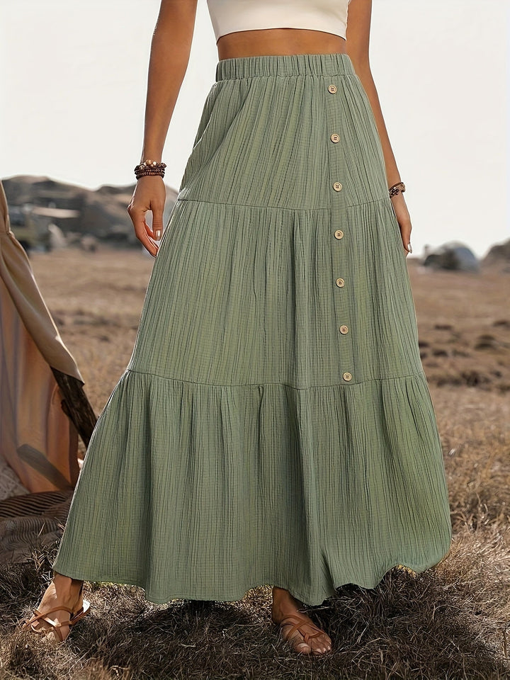 Faye | Tiered Button Front Crinkle Boho Maxi Skirt