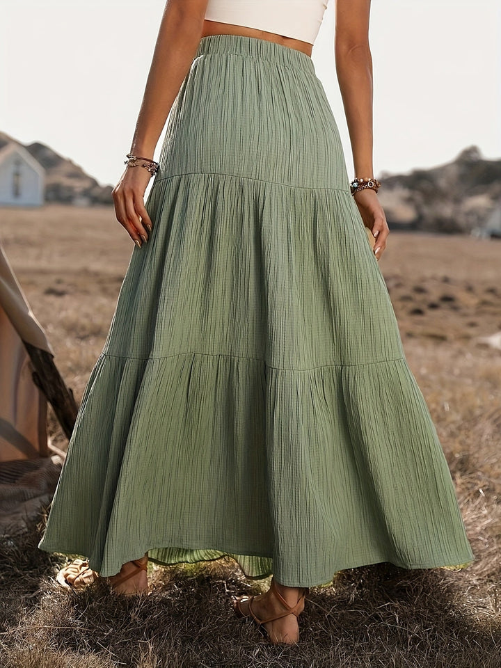 Faye | Tiered Button Front Crinkle Boho Maxi Skirt