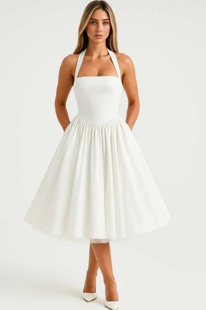 Scarlett | Halter Neck Dress with Full Tulle-Hem Midi Skirt