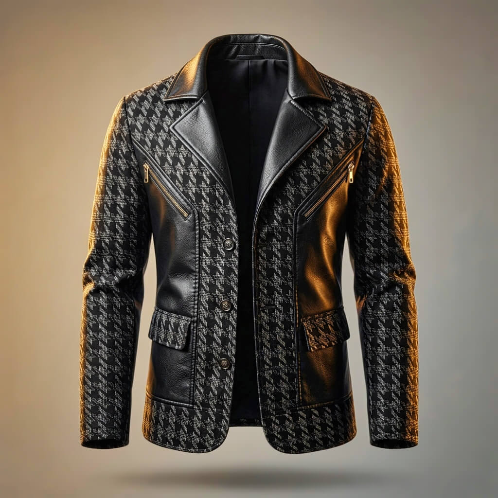 Hawthorne | Houndstooth Blazer with Leather Trim and Gold Zips