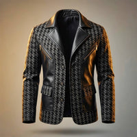 Hawthorne | Houndstooth Blazer with Leather Trim and Gold Zips