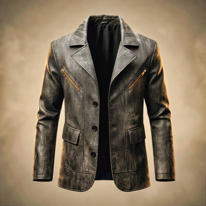 Maverick | Distressed Leather Blazer with Gold Zip Detail