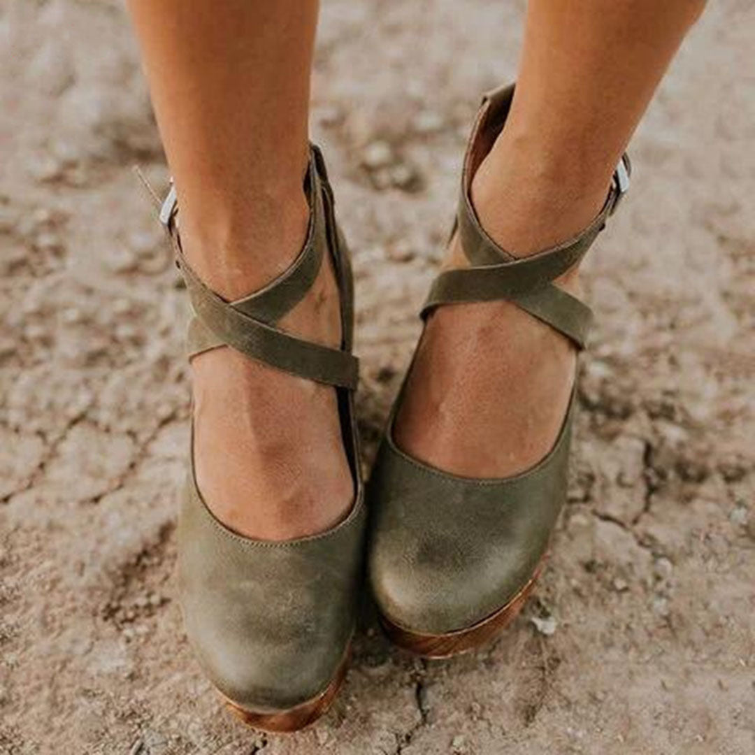 Clodagh | Cross-Strap Leather Clog Platform Wedges