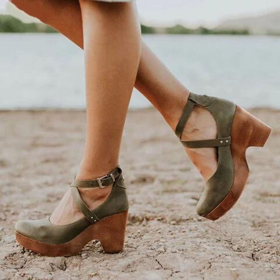 Clodagh | Cross-Strap Leather Clog Platform Wedges