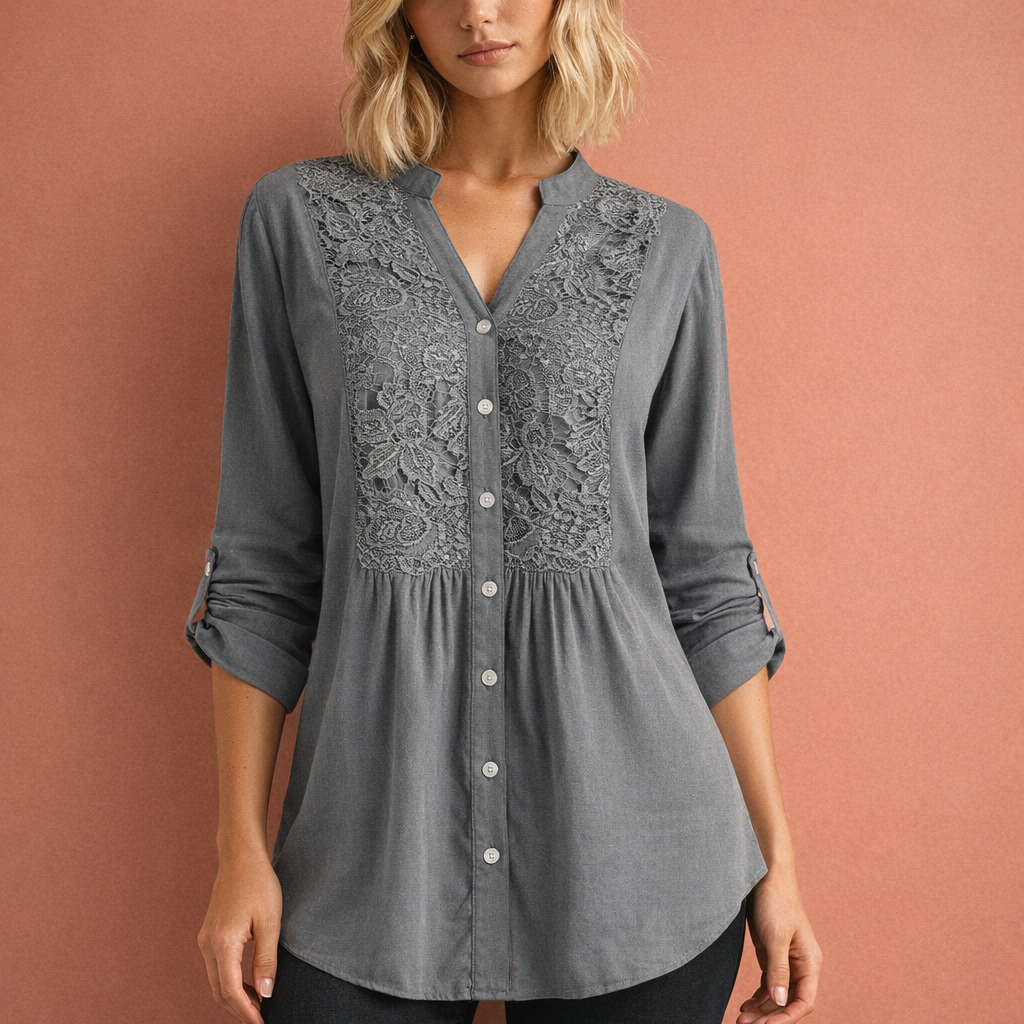 Lacefield | Crochet Lace Panel Button-Up Tunic Blouse