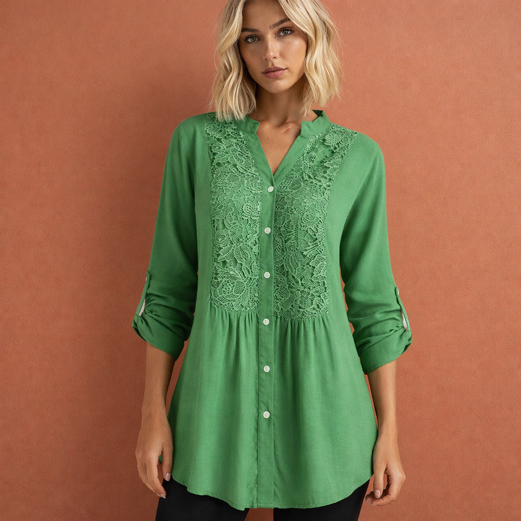 Lacefield | Crochet Lace Panel Button-Up Tunic Blouse