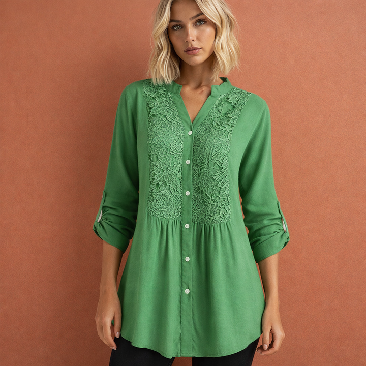 Lacefield | Crochet Lace Panel Button-Up Tunic Blouse