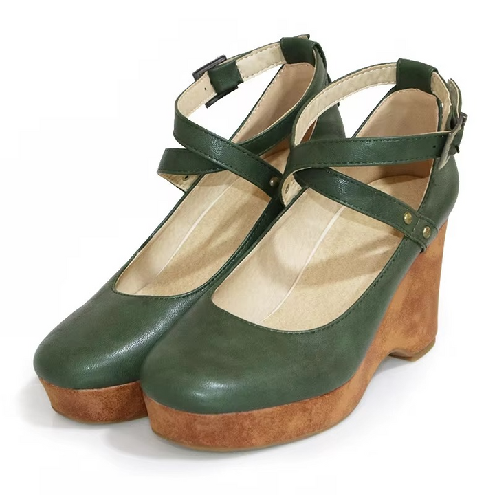 Bordeaux | Cross Strap Chunky Wood Platform Block Heels