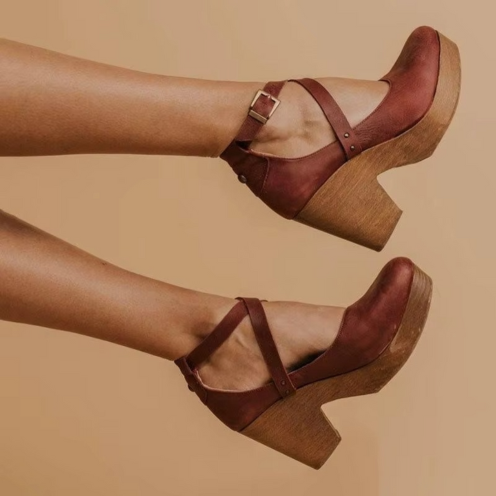 Bordeaux | Cross Strap Chunky Wood Platform Block Heels
