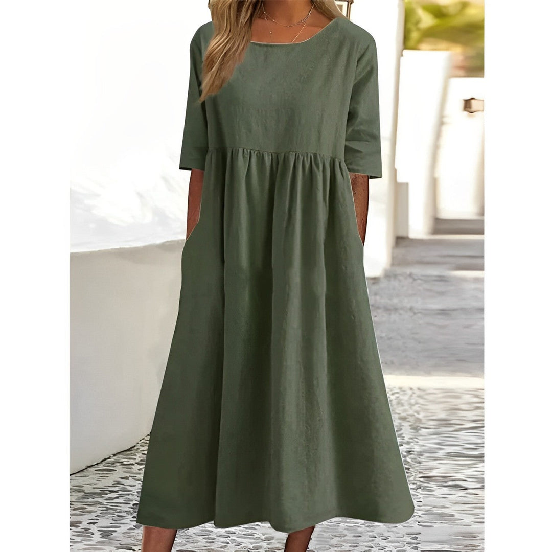 Capri | Gathered Waist Linen Summer Dress with Pockets