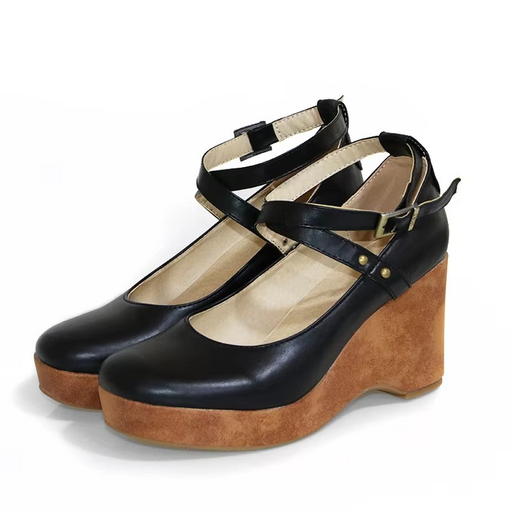 Bordeaux | Cross Strap Chunky Wood Platform Block Heels