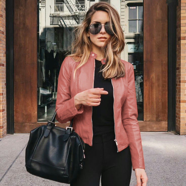Vivenne | Collarless Zip-Front Fitted Women's Leather Jackets