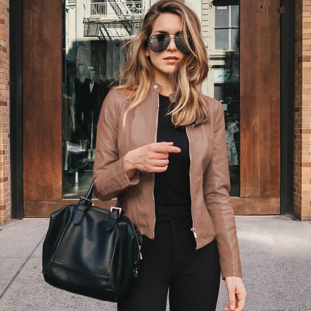 Vivenne | Collarless Zip-Front Fitted Women's Leather Jackets