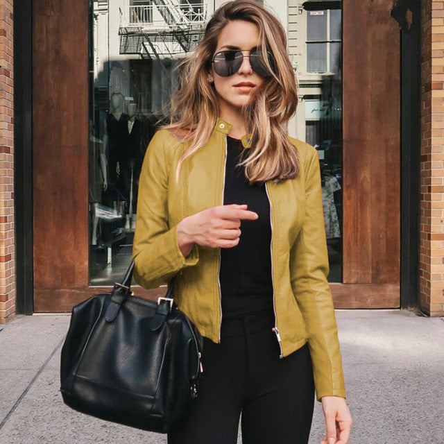 Vivenne | Collarless Zip-Front Fitted Women's Leather Jackets