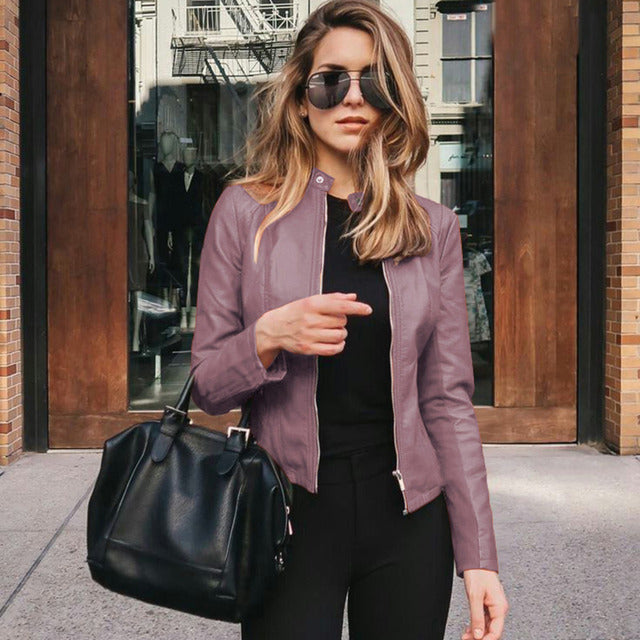 Vivenne | Collarless Zip-Front Fitted Women's Leather Jackets