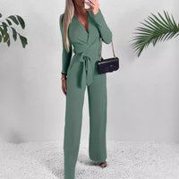 Jennive | Wrap V-Neck Long Sleeve Jumpsuit with Wide Leg Trousers
