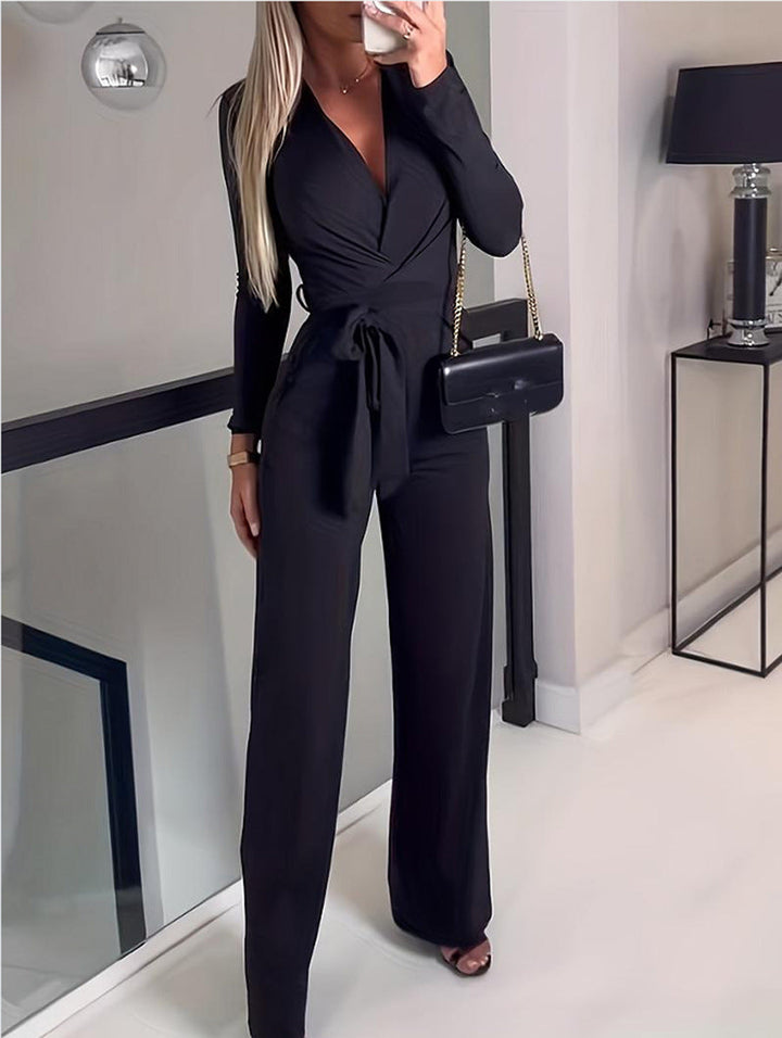 Jennive | Wrap V-Neck Long Sleeve Jumpsuit with Wide Leg Trousers