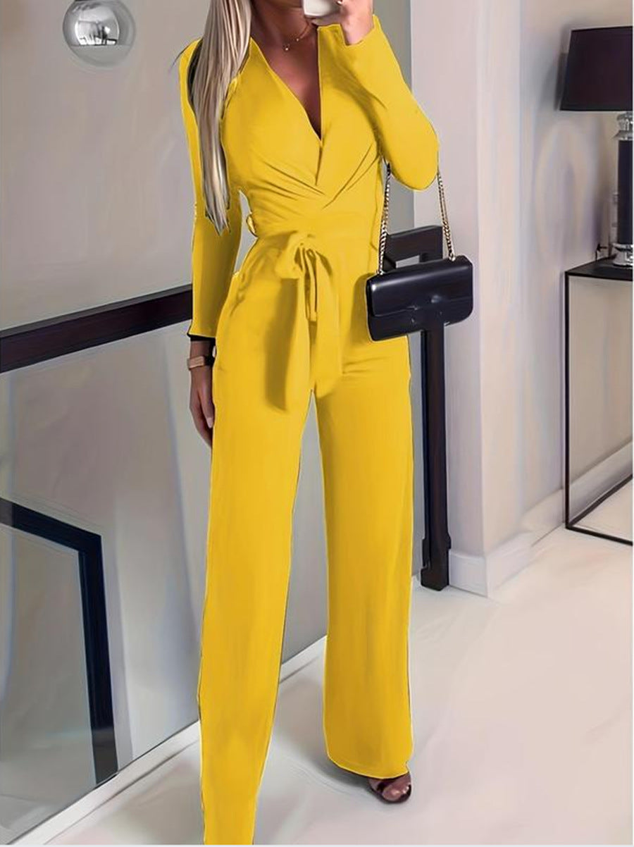 Jennive | Wrap V-Neck Long Sleeve Jumpsuit with Wide Leg Trousers