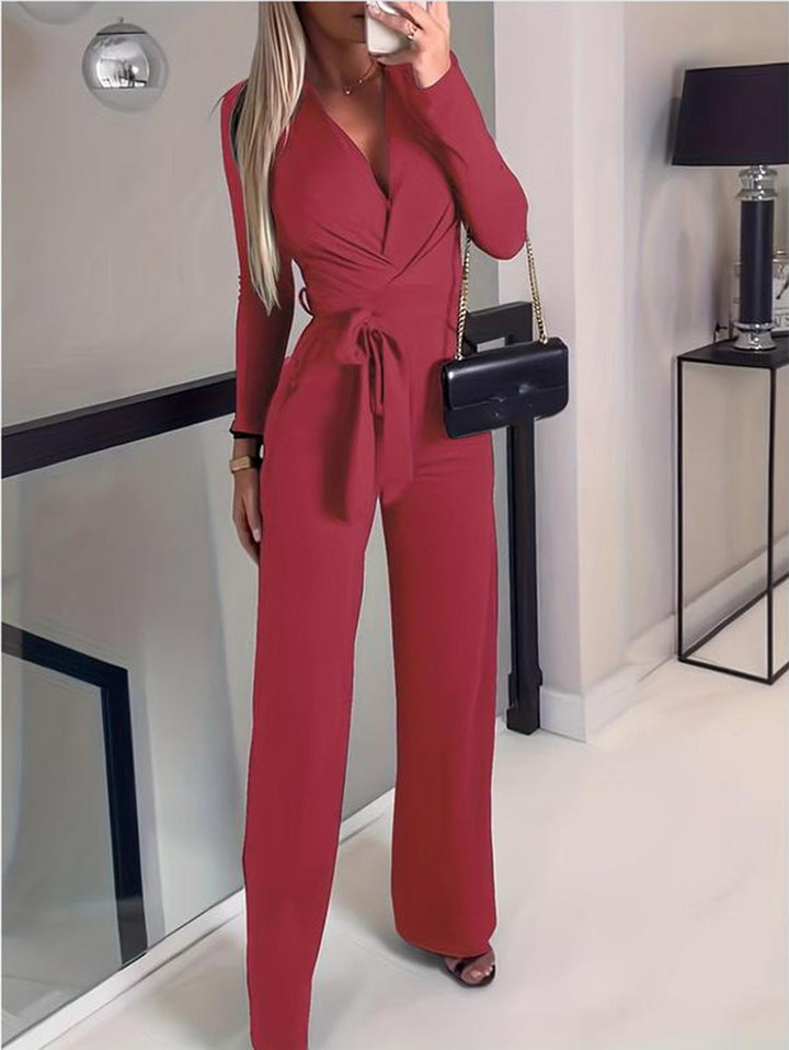 Jennive | Wrap V-Neck Long Sleeve Jumpsuit with Wide Leg Trousers