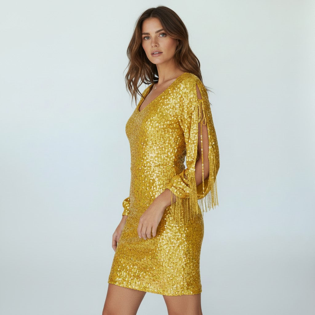 Luxe | Sequin Fringe Sleeve V-Neck Wedding Guest Dress