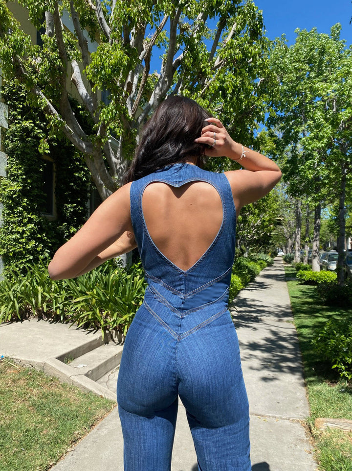 Hendrix | Deep Plunge Zip-Front Denim Jumpsuit with Flared Leg