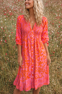 Saffron | Smocked Abstract Print Button-Through Wedding Guest Dress