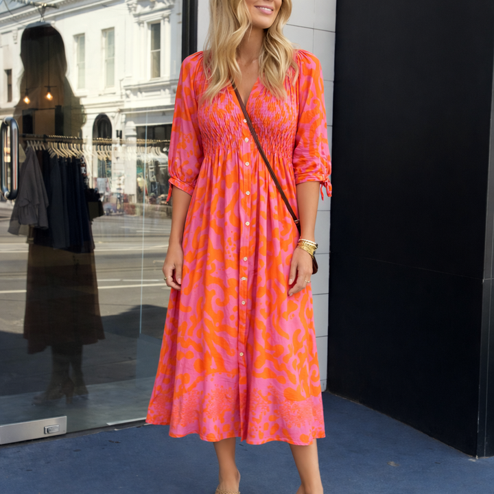 Saffron | Smocked Abstract Print Button-Through Wedding Guest Dress