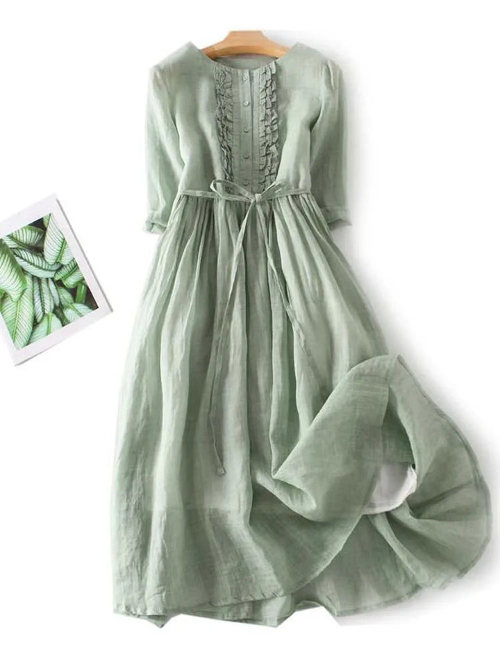 Willowmere | Ruffle-Front Linen Womens Pleated Midi Dress