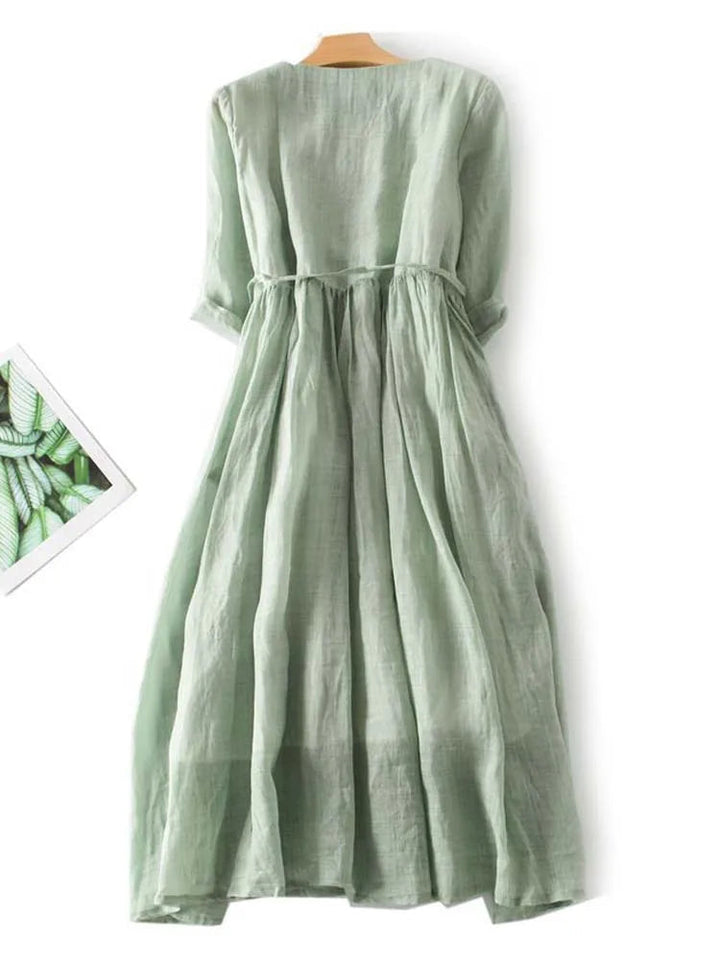 Willowmere | Ruffle-Front Linen Womens Pleated Midi Dress