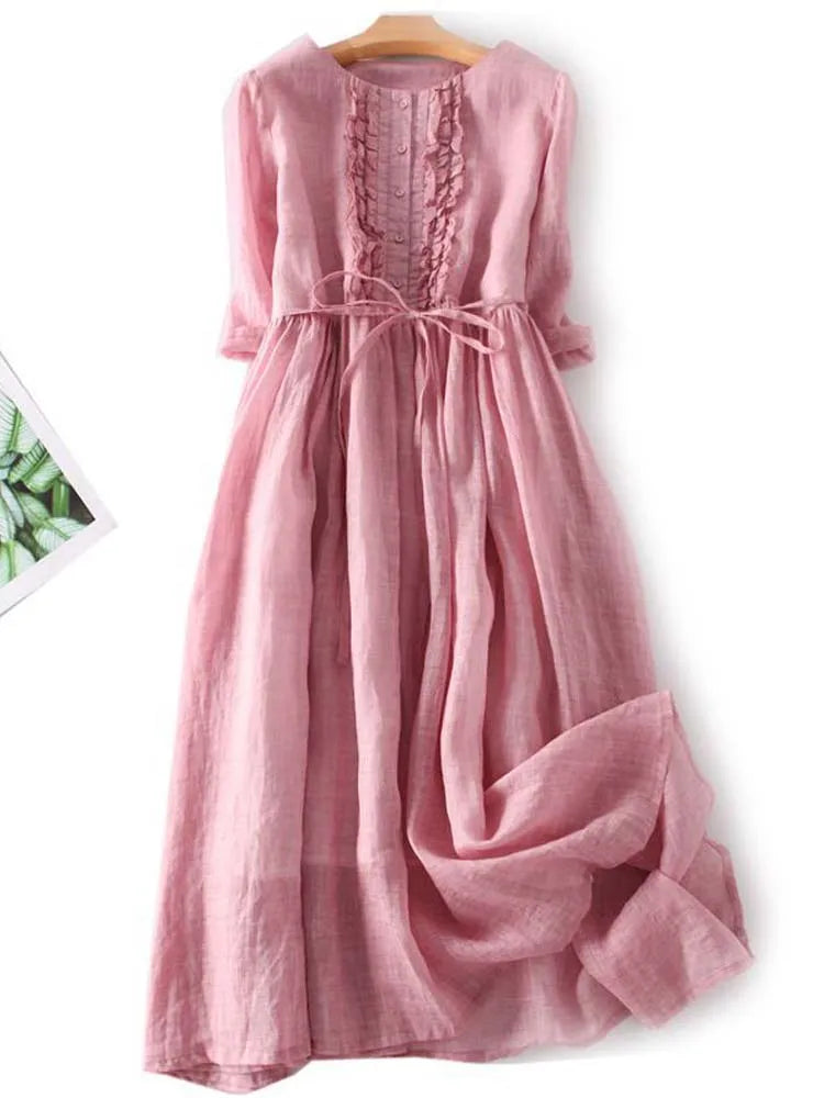 Willowmere | Ruffle-Front Linen Womens Pleated Midi Dress