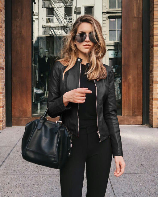 Vivenne | Collarless Zip-Front Fitted Women's Leather Jackets