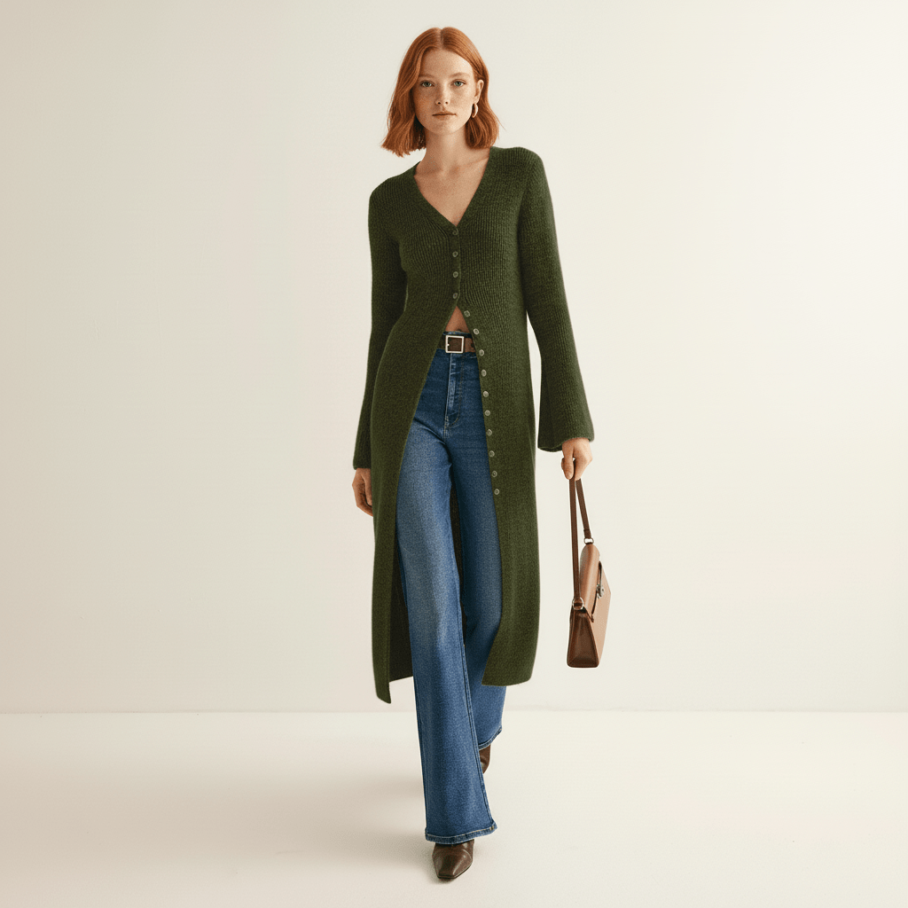 Lisann | Ribbed V-Neck Maxi Button-Down Women's Cardigans