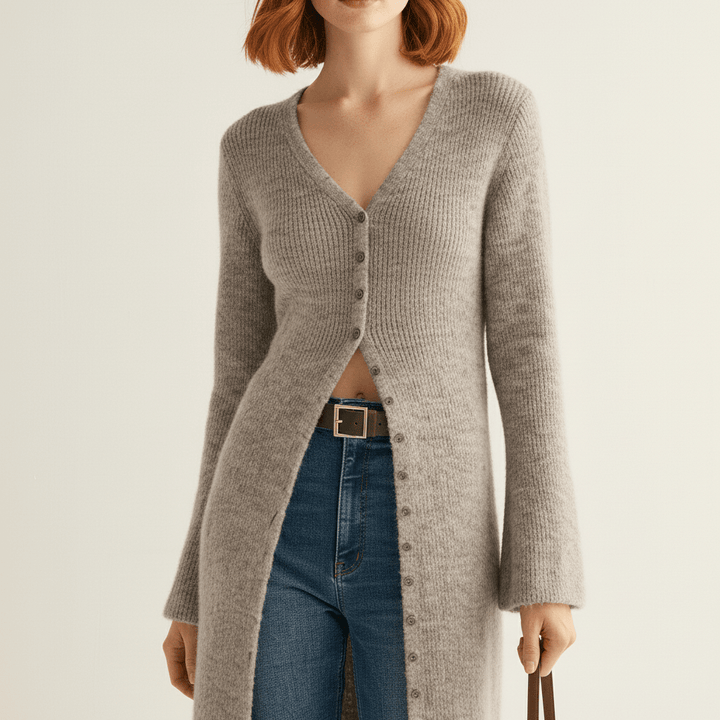 Lisann | Ribbed V-Neck Maxi Button-Down Women's Cardigans