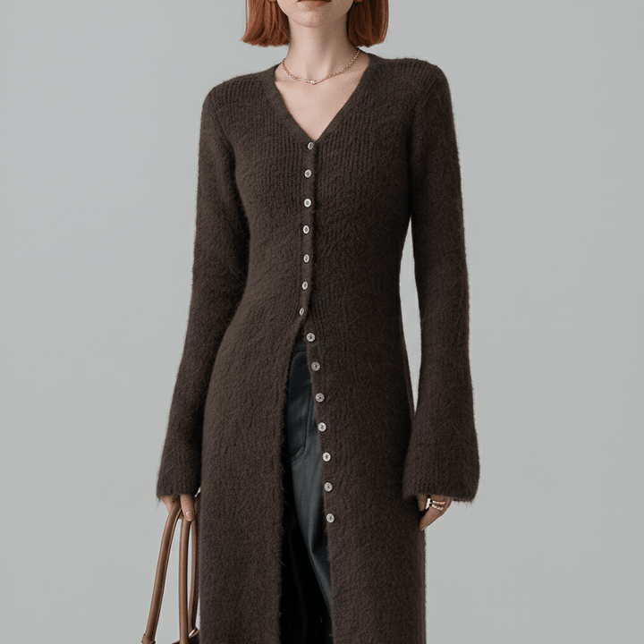 Lisann | Ribbed V-Neck Maxi Button-Down Women's Cardigans