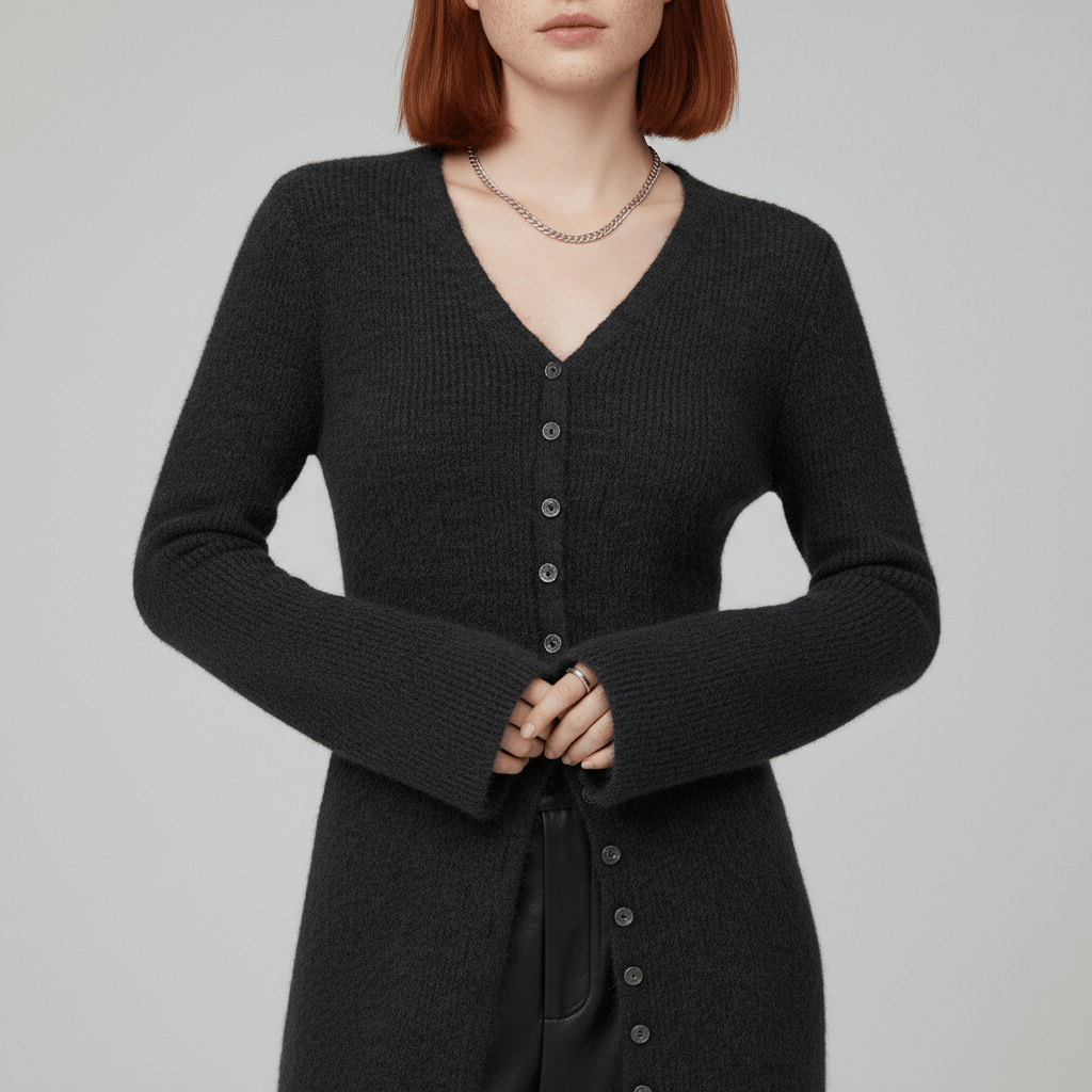 Lisann | Ribbed V-Neck Maxi Button-Down Women's Cardigans