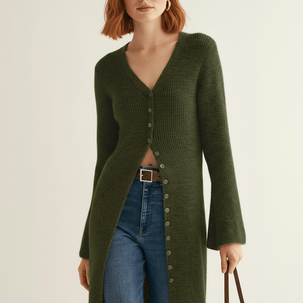 Lisann | Ribbed V-Neck Maxi Button-Down Women's Cardigans