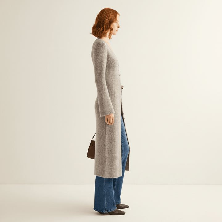 Lisann | Ribbed V-Neck Maxi Button-Down Women's Cardigans