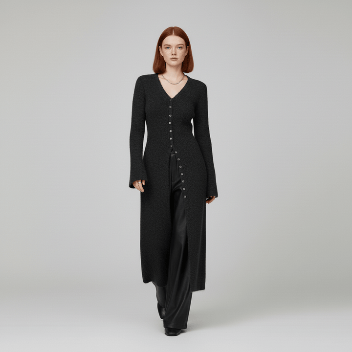Lisann | Ribbed V-Neck Maxi Button-Down Women's Cardigans