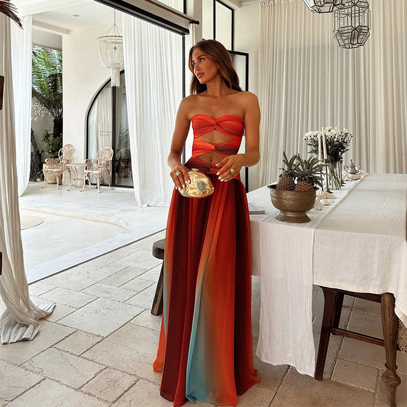 Soleil | Strapless Ombre Print Cutout Formal Maxi Dress