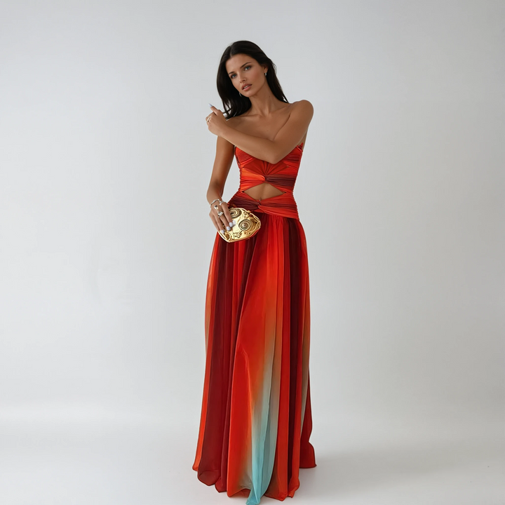 Soleil | Strapless Ombre Print Cutout Formal Maxi Dress