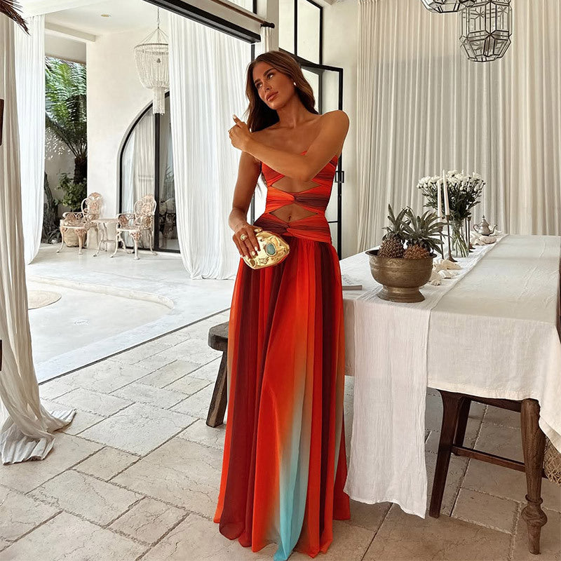 Soleil | Strapless Ombre Print Cutout Formal Maxi Dress