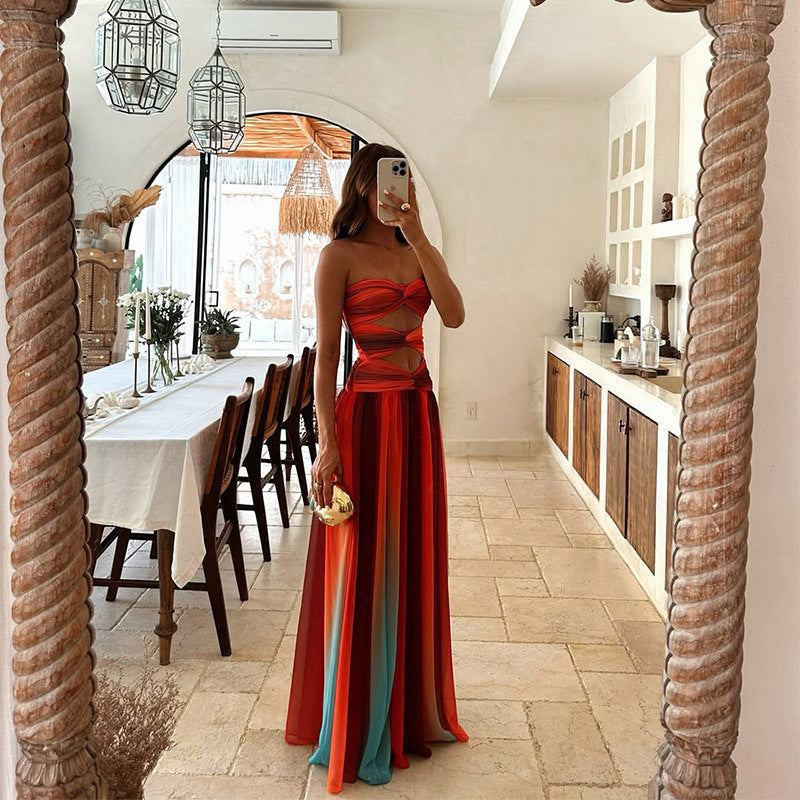 Soleil | Strapless Ombre Print Cutout Formal Maxi Dress